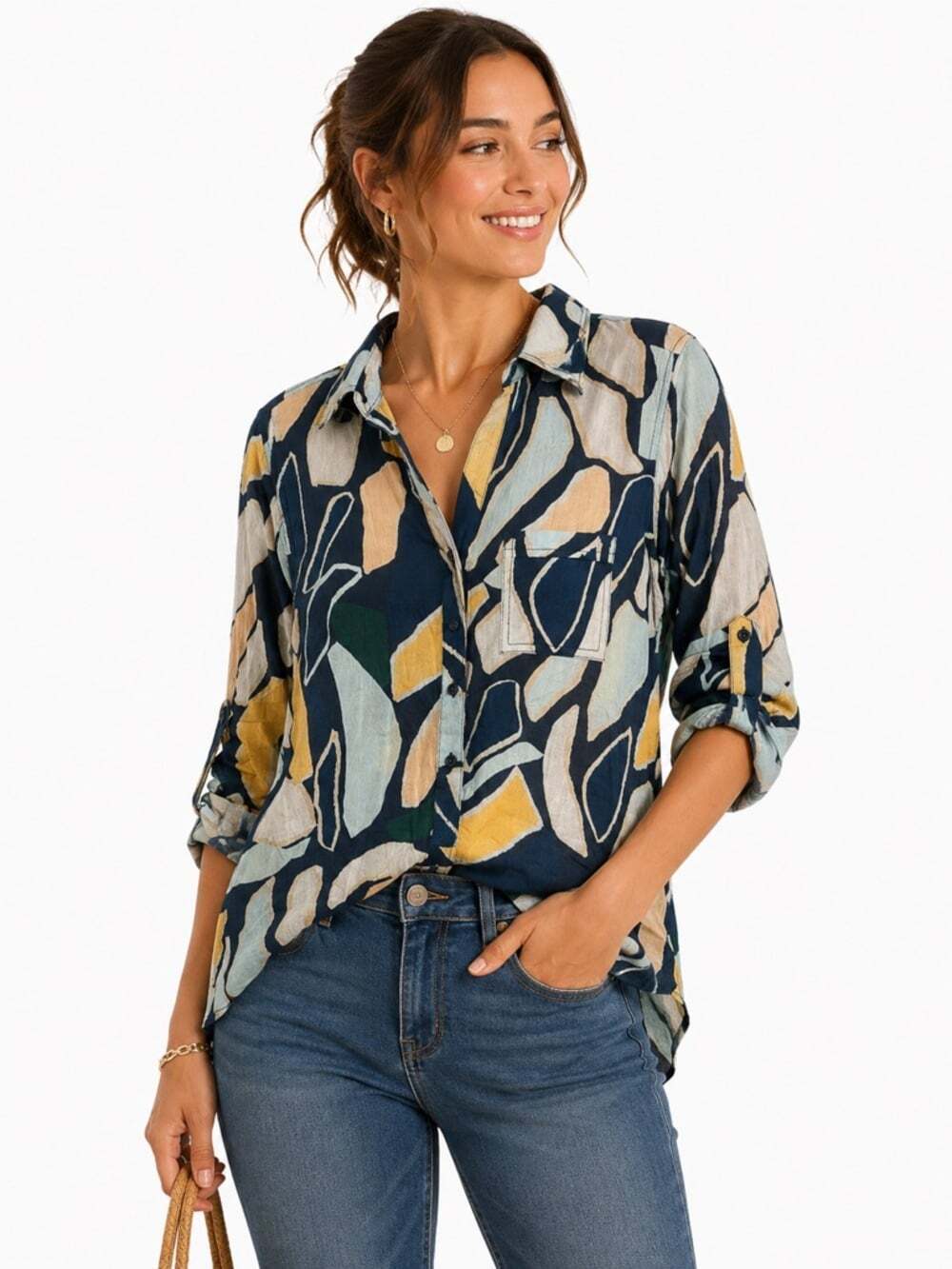 True Destinations Abstract Beach Cover Up Tunic Roll Sleeve Resortwear Small